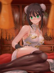 Rule 34 | 1girl, alternate costume, bare shoulders, black hair, black legwear, blush, breasts, bun cover, china dress, chinese clothes, cleavage cutout, clothing cutout, double bun, dress, embarrassed, fate/grand order, fate (series), fingerless gloves, gloves, green eyes, hair between eyes, highres, looking at viewer, medium breasts, pelvic curtain, q ichi, qin liangyu (fate), side slit, sitting, sleeveless, solo
