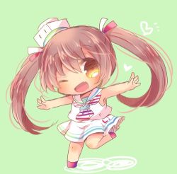 Rule 34 | 10s, 1girl, brown eyes, brown hair, chibi, dark-skinned female, dark skin, dress, fang, full body, green background, kantai collection, kou hiyoyo, libeccio (kancolle), long hair, lowres, neckerchief, open mouth, sailor dress, simple background, solo, standing, standing on one leg, striped neckerchief, striped neckwear, twintails, white dress