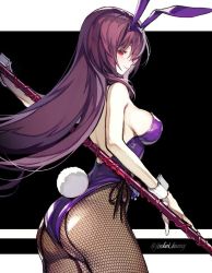 Rule 34 | 1girl, animal ears, ass, bad id, bad twitter id, fake animal ears, fate/grand order, fate (series), fishnet pantyhose, fishnets, gae bolg (fate), koshika rina, leotard, long hair, official alternate costume, pantyhose, playboy bunny, purple hair, purple leotard, rabbit ears, rabbit tail, red eyes, scathach (fate), scathach (piercing bunny) (fate), solo, strapless, strapless leotard, tail, very long hair, wrist cuffs