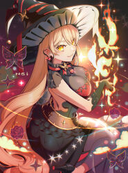 Rule 34 | 1girl, arched back, artist name, belt, black dress, black gloves, blonde hair, breasts, brown belt, bug, butterfly, butterfly ornament, dress, earrings, fang, fire, floral print, flower, gloves, hat, insect, jewelry, large breasts, long hair, looking at viewer, ngi kta, nijisanji, nui sociere, purple butterfly, red ribbon, ribbon, rose, rose print, signature, solo, star (symbol), very long hair, virtual youtuber, witch, witch hat, yellow eyes