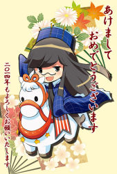 Rule 34 | 10s, 1girl, 2014, blue dress, blue eyes, brown hair, chibi, dei shirou, dress, hand fan, folding fan, glasses, happy new year, hat, horse, long hair, looking at viewer, mecha musume, minerva (spacecraft), new year, open mouth, original, sitting, smile, solo, waving