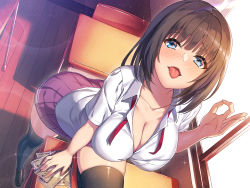 Rule 34 | 1girl, black thighhighs, blue eyes, blunt bangs, blush, breasts, brown footwear, brown hair, chair, classroom, cleavage, collarbone, collared shirt, day, desk, dress shirt, fellatio gesture, fingernails, handjob gesture, highres, indoors, large breasts, lens flare, light particles, long fingernails, looking at viewer, medium hair, miniskirt, money, naughty face, neck ribbon, necktie, no bra, non-web source, nose blush, open mouth, oral invitation, original, pink skirt, pleated skirt, red neckwear, school chair, school desk, school uniform, sexually suggestive, shirt, short sleeves, skindentation, skirt, smile, solo, thighhighs, tongue, tongue out, umihal, undone neck ribbon, undone necktie, white shirt, window, wing collar, wooden floor