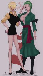 Rule 34 | 2girls, anger vein, black eyes, black footwear, black skirt, black vest, blonde hair, breasts, cigarette, cleavage, clothes grab, commentary request, full body, genderswap, genderswap (mtf), green hair, green kimono, hair over one eye, heart, high heels, highres, japanese clothes, kimono, legs, long sleeves, looking at another, medium hair, miniskirt, multiple girls, namnam op, one piece, open mouth, roronoa zoro, sanji (one piece), shirt, skirt, smoke, smoking, standing, vest, yellow shirt