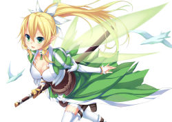 Rule 34 | 10s, 1girl, bad id, bad pixiv id, bird, blonde hair, blush, boots, bracelet, braid, breasts, cleavage, elf, green eyes, jewelry, large breasts, leafa, liong, long hair, pointy ears, ponytail, puffy sleeves, sheath, sheathed, shorts, side braid, smile, solo, sword, sword art online, thighhighs, twin braids, weapon