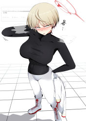 1girl absurdres arm_behind_head arm_up black_undershirt blonde_hair blue_archive blush boots breasts gloves halo highres jacket large_breasts long_sleeves marina_(blue_archive) noripote_(noripote831) pants short_hair tile_floor tiles translation_request tsurime turtleneck unworn_jacket white_footwear white_jacket white_pants yellow_eyes