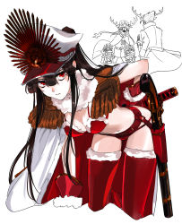 Rule 34 | absurdres, black hair, bra, breasts, cape, character request, cleavage, ddlcclia, epaulettes, fate (series), fur-trimmed bra, fur-trimmed thighhighs, fur collar, fur trim, gloves, hat, highres, leaning forward, long hair, medium breasts, oda nobunaga (fate), peaked cap, red bra, red cape, red eyes, red gloves, red thighhighs, thighhighs, two-sided cape, two-sided fabric, underwear, very long hair, white cape, white headwear