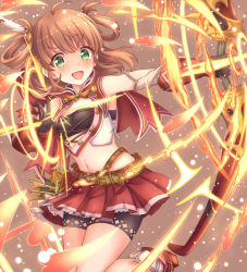 Rule 34 | 1girl, belt, blush, bow, bow (weapon), brown hair, capelet, detached sleeves, fire, gatchapowa, gloves, glowing, green eyes, hair ornament, hair rings, holding, holding bow (weapon), holding weapon, looking at viewer, medium hair, midriff, navel, open mouth, princess connect!, rino (princess connect!), short shorts, shorts, shorts under skirt, simple background, solo, weapon