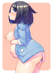 1girl absurdres ass big_belly black_hair blue_cardigan blue_eyes blush bottomless breasts cardigan cowboy_shot creatures_(company) from_side game_freak hair_ornament hairclip hands_on_own_stomach highres hood hood_down inflation large_breasts liko_(pokemon) nintendo nipples object_insertion open_cardigan open_clothes plump poke_ball poke_ball_insertion pokemon pokemon_(anime) pokemon_horizons short_hair solo sweat tearing_up thick_thighs thighs uchihigashi_gura vaginal vaginal_object_insertion