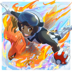 Rule 34 | 1boy, blue headwear, boots, border, brown eyes, brown hair, commentary request, creatures (company), dark-skinned male, dark skin, fire, flying, game freak, gen 6 pokemon, gloves, goggles, helmet, highres, holding, holding poke ball, male focus, nintendo, npc trainer, open mouth, outside border, outstretched arms, poke ball, poke ball (basic), pokemon, pokemon (creature), pokemon xy, sideways glance, sky trainer (pokemon), talonflame, teeth, tom (pixiv10026189), tongue, upper teeth only, white border, white gloves