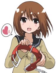 Rule 34 | 10s, 1girl, absurdres, animal collar, bob cut, brown eyes, brown hair, chain, collar, commentary, heart, highres, holding, holding collar, looking at viewer, piyo (p i y o), school uniform, simple background, solo, spoken heart, sweater, takamiya nasuno, teekyuu, white background