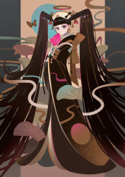 Rule 34 | 1girl, absurdly long hair, appi, back bow, black hair, black kimono, blunt bangs, bow, bug, butterfly, earrings, flower, from side, full body, holding, holding flower, insect, japanese clothes, jewelry, kimono, leaf, long hair, long sleeves, looking at viewer, original, pink flower, plant, sash, solo, standing, twintails, very long hair, wide sleeves