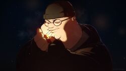 Rule 34 | 1boy, absurdres, beanie, beard stubble, black gloves, black hoodie, cigarette, cleft chin, closed eyes, commentary, doomer, english commentary, facial hair, family guy, fat, fat man, fingerless gloves, glasses, gloves, hat, highres, hood, hoodie, kowai (iamkowai), lighter, lighting cigarette, male focus, peter griffin, round eyewear, smoking, solo, stubble