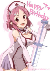 Rule 34 | 1girl, :d, absurdres, aco (bearchannel), blush, breasts, cleavage, cowboy shot, detached sleeves, dress, freckles, gloves, hair ornament, hairclip, happy birthday, highres, lisbeth (sao-alo), long sleeves, looking at viewer, medium breasts, open mouth, pink hair, pointy ears, red eyes, short dress, short hair, sleeveless, sleeveless dress, smile, solo, standing, sword art online, syringe, twitter username, white background, white dress, white gloves, white sleeves