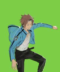 Rule 34 | 1boy, belt, belt buckle, black belt, black pants, blue eyes, blue jacket, blue sleeves, brown hair, buckle, clothes lift, collared jacket, cowboy shot, goggles, goggles on head, green background, high collar, highres, illumi999, jacket, jacket lift, jin yuuichi, long sleeves, male focus, open clothes, open jacket, open mouth, pants, parted bangs, patch, shirt, short hair, simple background, smile, solo, teeth, uniform, v-neck, white shirt, world trigger
