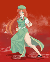Rule 34 | 1girl, braid, breasts, china dress, chinese clothes, dress, female focus, fighting stance, full body, gradient background, green eyes, hat, hong meiling, immaterial and missing power, long hair, neio, red hair, ribbon, skirt, solo, touhou, twin braids