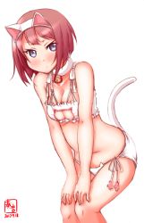 Rule 34 | 10s, 1girl, 2017, animal ears, ark royal (kancolle), bell, blue eyes, blunt bangs, blush, bob cut, bra, breasts, cat cutout, cat ear panties, cat ears, cat lingerie, cat tail, choker, cleavage, cleavage cutout, clothing cutout, cowboy shot, dated, embarrassed, frilled bra, frills, hairband, highres, jingle bell, kanon (kurogane knights), kantai collection, leaning forward, logo, medium breasts, meme attire, neck bell, panties, red hair, short hair, side-tie panties, simple background, solo, standing, tail, underwear, white background, white bra, white panties