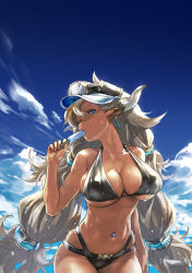 Rule 34 | 10s, 1girl, ;o, almeida (granblue fantasy), animal ears, bare shoulders, bikini, black bikini, blue eyes, blue gemstone, blue sky, breasts, cameltoe, cleavage, cloud, commentary request, cowboy shot, cream hair, curvy, day, draph, earrings, female focus, food, food in mouth, gem, granblue fantasy, grey hair, hairband, halterneck, hat, headlamp, highres, holding, holding food, holding popsicle, horns, huge breasts, ice cream, jewelry, large ears, linea alba, long hair, looking at viewer, mining helmet, naughty face, navel piercing, nipples through clothes, one eye closed, ox horns, piercing, pinup (style), pointy ears, popsicle, popsicle in mouth, redjuice, sexually suggestive, shiny skin, shortstack, sideboob, skindentation, sky, solo, sweat, swimsuit, thick thighs, thighs, thighs together, toned, toned female, toned stomach, twintails, underboob, very long hair, visor cap, wide hips, wink