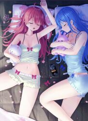 Rule 34 | 2girls, 35p (sakura miko), absurdres, ahoge, alternate costume, arm up, armpit crease, armpits, asakura (asa t77), blue bow, blue hair, blue shirt, blue shorts, bow, breasts, cellphone, closed eyes, closed mouth, feet out of frame, frilled shorts, frills, from above, green shirt, green shorts, highres, hololive, hoshimachi suisei, lace trim, legs, long hair, lying, medium breasts, midriff, multiple girls, navel, hugging object, on back, on side, phone, pillow, pink bow, pink hair, sakura miko, shadow, shirt, short shorts, shorts, sleeping, sleepwear, small breasts, smartphone, spaghetti strap, stuffed toy, thighs, virtual youtuber