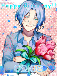 Rule 34 | 1boy, blue eyes, blue hair, blue ribbon, blue shirt, crossed arms, dated, flower, grgr nico, hair between eyes, hasegawa langa, highres, holding, holding flower, light blue hair, male focus, pink background, polka dot, polka dot background, ribbon, shirt, sk8 the infinity, solo, upper body