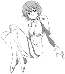 Rule 34 | 1girl, ayanami rei, bodysuit, bracer, breasts, face, from side, full body, gloves, greyscale, hair ornament, high heels, interface headset, knees up, looking to the side, looking up, medium breasts, monochrome, neon genesis evangelion, pantyhose, parted lips, pilot suit, pinup (style), plugsuit, short hair, simple background, sitting, solo, turtleneck, yamaguchi homupe