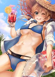 Rule 34 | 1girl, alternate costume, anchor hair ornament, bikini, blonde hair, blue eyes, blue sky, blush, breasts, cleavage, cloud, cowboy shot, cross, cross necklace, cup, day, hair ornament, hat, highres, holding, holding cup, holding swim ring, innertube, innerturbe, iron cross, jewelry, kantai collection, konkito, large breasts, layered bikini, long hair, looking at viewer, low twintails, lowleg, lowleg bikini, necklace, one eye closed, open mouth, outdoors, prinz eugen (kancolle), skindentation, sky, smile, solo, sun hat, swim ring, swimsuit, thighs, tropical drink, twintails