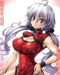 Rule 34 | 10s, 1girl, ahoge, alternate costume, amania orz, armpits, blush, breasts, china dress, chinese clothes, cleavage, cleavage cutout, clothing cutout, covered navel, dress, hand on own hip, large breasts, looking at viewer, pelvic curtain, purple eyes, scrunchie, senki zesshou symphogear, side slit, silver hair, simple background, sketch, solo, standing, taut clothes, twintails, upper body, white background, wristband, yukine chris
