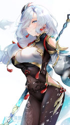 Rule 34 | 1girl, black gloves, blue eyes, blush, bodysuit, braid, breasts, clothing cutout, covered navel, elbow gloves, genshin impact, gloves, hair ornament, hair over one eye, highres, hip vent, large breasts, long hair, long sleeves, looking at viewer, low-braided long hair, low-tied long hair, partially fingerless gloves, polearm, puffy long sleeves, puffy sleeves, shenhe (genshin impact), shoulder cutout, silver hair, solo, spear, tabard, tassel, thighs, very long hair, weapon, yukimiya yuge