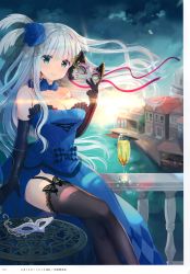 Rule 34 | 1girl, absurdres, alcohol, aqua eyes, artist name, bare shoulders, black gloves, black thighhighs, blue dress, blush, breasts, champagne, champagne flute, choker, cleavage, closed mouth, cup, dress, drinking glass, elbow gloves, frills, garter straps, gloves, hair ornament, highres, holding, holding mask, large breasts, lips, long hair, looking at viewer, mask, original, page number, scan, side slit, silver hair, sitting, smile, solo, strapless, strapless dress, takashina asahi, thighhighs
