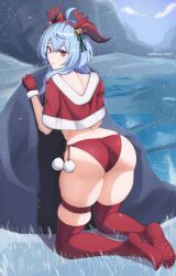 Rule 34 | 1girl, ahoge, antlers, ass, blue hair, capelet, christmas, fake antlers, from behind, ganyu (genshin impact), genshin impact, gloves, goat horns, highres, horns, huge ass, kneeling, long hair, looking at viewer, o22no, open mouth, orange eyes, panties, parted lips, rock, shiny clothes, shiny skin, skindentation, snow, snowing, solo, thick thighs, thighhighs, thighs, underwear