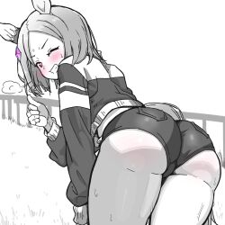 Rule 34 | 1girl, ass, ass focus, blush, buruma, clothing cutout, come hither, commentary request, cowboy shot, ear covers, ear ornament, from behind, greyscale, grin, heart, highres, jacket, long sleeves, looking back, medium hair, monochrome, narita top road (umamusume), one eye closed, short sleeves, simple background, single ear cover, smile, solo, spot color, sweat, thumbs up, track jacket, umamusume, white background, yaki apple