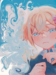 Rule 34 | 1boy, basil (faraway) (omori), basil (omori), blonde hair, blue eyes, blush, closed mouth, collared shirt, crying, crying with eyes open, flower, hair flower, hair ornament, highres, looking at viewer, omori, shirt, short hair, solo, sweater vest, tate ware anal, tears, upper body, upset, white shirt