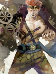 Rule 34 | 1boy, bad id, bad pixiv id, belt, eustass kid, gears, goggles, goggles on head, gun, highres, knife, linrereren, male focus, one piece, red eyes, red hair, short hair, shoulder spikes, smirk, solo, spikes, weapon