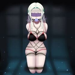 Rule 34 | 1girl, ball gag, bare shoulders, bdsm, black background, black panties, blindfold, blush, bondage, bound, breasts, brown rope, cleavage, collarbone, dankestofdans, edelgard von hresvelg, female focus, fire emblem, fire emblem: three houses, gag, gagged, green background, hair ornament, hair ribbon, highres, intelligent systems, kneeling, large breasts, lips, long hair, navel, nintendo, o-ring, panties, pink lips, purple ribbon, red trim, ribbon, rope, shiny clothes, shiny skin, sideboob, solo, thick thighs, thighs, underwear, underwear only, white hair
