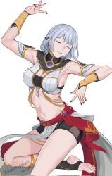 Rule 34 | 1girl, alternate costume, armpits, barefoot, black nails, bracer, breasts, cleavage, closed eyes, corrupted twitter file, feet, feet out of frame, girls&#039; frontline, grey hair, hand up, highres, light smile, medium breasts, medium hair, nail polish, navel, open mouth, parted lips, rpk-16 (girls&#039; frontline), seilindekos, solo, standing, standing on one leg, stirrup legwear, toeless legwear, toenail polish, toenails, white background