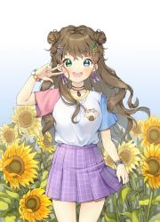 Rule 34 | 1girl, :d, aeng dyu, animal print, arm at side, arm up, blue eyes, blue sky, blush, bracelet, brown hair, choker, cowboy shot, day, double bun, earrings, facepaint, field, flower, flower field, gradient sky, green eyes, hair between eyes, hair bun, hair ornament, hairclip, heterochromia, highres, jewelry, long hair, looking at viewer, multicolored clothes, open mouth, original, outdoors, pendant, plaid, plaid skirt, short sleeves, skirt, skirt hold, sky, smile, solo, star (symbol), sunflower, sunflower field, swept bangs, teeth, upper teeth only, v, v over eye, wind