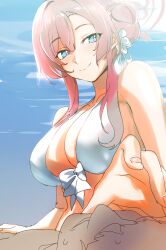 Rule 34 | 1girl, alternate costume, alternate hairstyle, bikini, blue archive, blue eyes, breasts, hair bun, hair ornament, halo, highres, large breasts, long hair, looking at viewer, mika (blue archive), multicolored eyes, pink hair, pink halo, saki (remainaddd), smile, swimsuit, white bikini