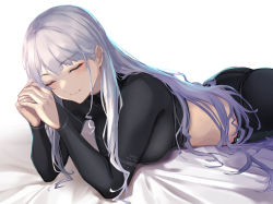 Rule 34 | 1girl, 3 small spiders, ak-12 (girls&#039; frontline), ass, black pants, black shirt, blush, breasts, closed eyes, closed mouth, commentary, crop top, feet out of frame, girls&#039; frontline, grey hair, hand on hand, highres, long hair, long sleeves, lying, medium breasts, on bed, on stomach, pants, shirt, sidelocks, simple background, smile, solo, tactical clothes, turtleneck, upper body