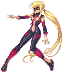 Rule 34 | 1girl, blonde hair, bodysuit, brown eyes, center opening, cleavage cutout, clothing cutout, full body, gloves, impossible clothes, long hair, mask, navel, nightstalker (wild arms xf), official art, ponytail, sasaki tomomi, shoes, skin tight, smile, solo, white background, wild arms, wild arms xf