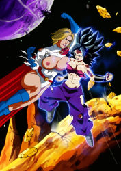 Rule 34 | 2girls, abs, black hair, blonde hair, blue eyes, boots, breast press, breasts, breasts out, cape, caulifla, dragon ball, dragon ball super, gloves, highres, leotard, multiple girls, nipples, power girl, short hair, space, tagme, tank top, torn, torn clothes, uncensored