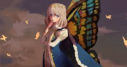 Rule 34 | 1boy, absurdres, artist name, blue cloak, blue eyes, butterfly wings, cloak, cloud, cloudy sky, commentary, crown, diamond hairband, durbin, fate/grand order, fate (series), fur-trimmed cloak, fur trim, hand on own chin, highres, insect wings, looking to the side, male focus, medium hair, oberon (fate), shadow, silver hair, sky, solo, upper body, wings