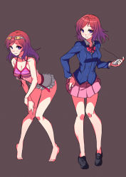 Rule 34 | 10s, 1girl, alternate costume, barefoot, blazer, breasts, cleavage, collarbone, crop top, digital media player, dual persona, eyewear on head, frills, front-tie top, glasses, gradient hair, hand on own hip, hand on own knee, highres, jacket, jewelry, knees together feet apart, leaning forward, looking at viewer, love live!, love live! school idol project, medium breasts, midriff, miniskirt, multicolored hair, natsuiro egao de 1 2 jump!, necklace, nishikino maki, parted lips, pleated skirt, purple eyes, red hair, saiste, school uniform, short hair, skirt, smile, standing, sunglasses