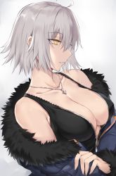 Rule 34 | 1girl, ahoge, bare shoulders, black dress, black jacket, breasts, cleavage, collarbone, crossed arms, dress, eyes visible through hair, fate/grand order, fate (series), female focus, from side, fur trim, hair between eyes, half-closed eyes, highres, jacket, jeanne d&#039;arc (fate), jeanne d&#039;arc alter (fate), jeanne d&#039;arc alter (ver. shinjuku 1999) (fate), jewelry, kyouki, large breasts, looking away, official alternate costume, open clothes, open jacket, parted lips, pendant, short hair, silver hair, simple background, sleeveless, sleeveless dress, solo, upper body, yellow eyes