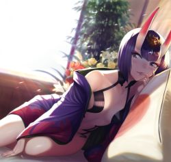 Rule 34 | 1girl, backlighting, blurry, blush, breasts, couch, depth of field, eyeshadow, fate/grand order, fate (series), finger in own mouth, flower, highres, horns, indoors, japanese clothes, kimono, leaning to the side, lips, looking at viewer, lying, makeup, off shoulder, oni, parted lips, pillow, plant, purple eyes, purple hair, reclining, short hair, shuten douji (fate), sitting, skin-covered horns, small breasts, smile, solo, sunlight, unknown showhey, window