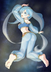 Rule 34 | :d, alternate costume, anklet, arm up, ass, barefoot, blue eyes, blue hair, bracelet, breasts, circlet, commentary request, dancer, earrings, full body, gold, harem outfit, harem pants, highres, jewelry, kneeling, large breasts, looking at viewer, midriff, necklace, open mouth, pants, re:zero kara hajimeru isekai seikatsu, rem (re:zero), see-through, see-through legwear, see-through shawl, see-through sleeves, shawl, shiima, short hair, signature, smile, solo, space, teeth, upper teeth only