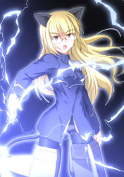 Rule 34 | 1girl, animal ears, bad id, bad pixiv id, blonde hair, cat ears, cat tail, crotch seam, electricity, glasses, kuronyan, lightning, long hair, military, open mouth, panties, panties under pantyhose, pantyhose, perrine h. clostermann, solo, strike witches, striker unit, tail, underwear, uniform, world witches series, yellow eyes