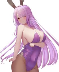 Rule 34 | 1girl, animal ears, arm under breasts, bare arms, bare shoulders, breasts, brown pantyhose, cleavage, commentary request, covered navel, eyes visible through hair, hair over one eye, highres, large breasts, leotard, looking at viewer, mashiro03, original, pantyhose, playboy bunny, purple hair, purple leotard, rabbit ears, red eyes, simple background, white background