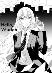 Rule 34 | 1girl, 6o2 (rokumaruni), black jacket, business suit, cityscape, commentary, cowboy shot, suit jacket, flying paper, formal, greyscale, hand up, hello worker (vocaloid), highres, holding paper airplane, jacket, long hair, looking at viewer, megurine luka, monochrome, necktie, open mouth, paper, paper airplane, solo, song name, suit, v-shaped eyes, vocaloid