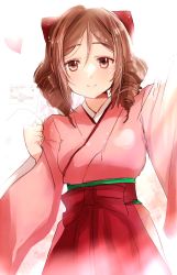 Rule 34 | 1girl, bow, brown hair, commentary request, cowboy shot, drill hair, hair bow, hakama, harukaze (kancolle), highres, japanese clothes, kantai collection, kimono, kimura shiki, long hair, looking at viewer, meiji schoolgirl uniform, one-hour drawing challenge, pink kimono, red bow, red eyes, red hakama, smile, solo, twin drills