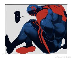 Rule 34 | ..., 1boy, animal print, artist request, ass, bara, blue bodysuit, bodysuit, box, from side, full body, highres, in box, in container, looking at viewer, looking to the side, male focus, marvel, mask, muscular, muscular male, red bodysuit, short hair, sitting, skin tight, solo, spider-man: across the spider-verse, spider-man (2099), spider-man (series), spider-verse, spider print, stuck, superhero costume, sweatdrop, two-tone bodysuit