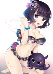 Rule 34 | 1girl, :d, animal, bare arms, bare legs, bare shoulders, barefoot, bikini, black bikini, black bow, blush, bow, breasts, cleavage, collarbone, commentary request, fate/grand order, fate (series), fingernails, floral print, gradient background, grey background, hair bun, hair ornament, hand up, highres, katsushika hokusai (fate), katsushika hokusai (painting summer) (fate), ko yu, large breasts, looking at viewer, navel, octopus, official alternate costume, open mouth, print bikini, purple eyes, purple hair, single hair bun, smile, solo, swimsuit, toenails, white background